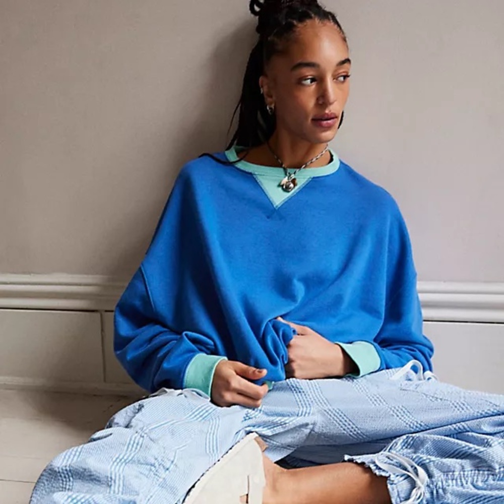 Free People Classic Crew Blue Colorblock NWOT XL